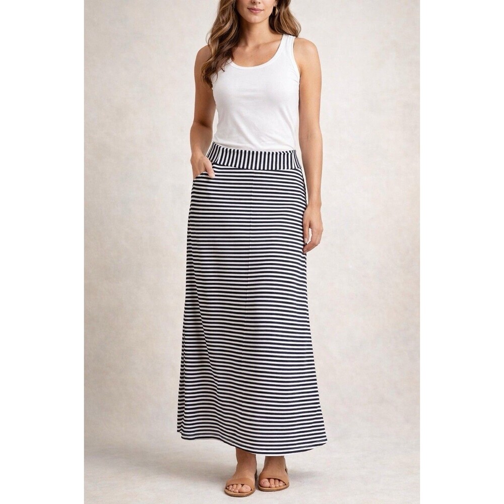Homeeast Basics Striped A-Line Long Skirt Navy White Bow Accent Size L